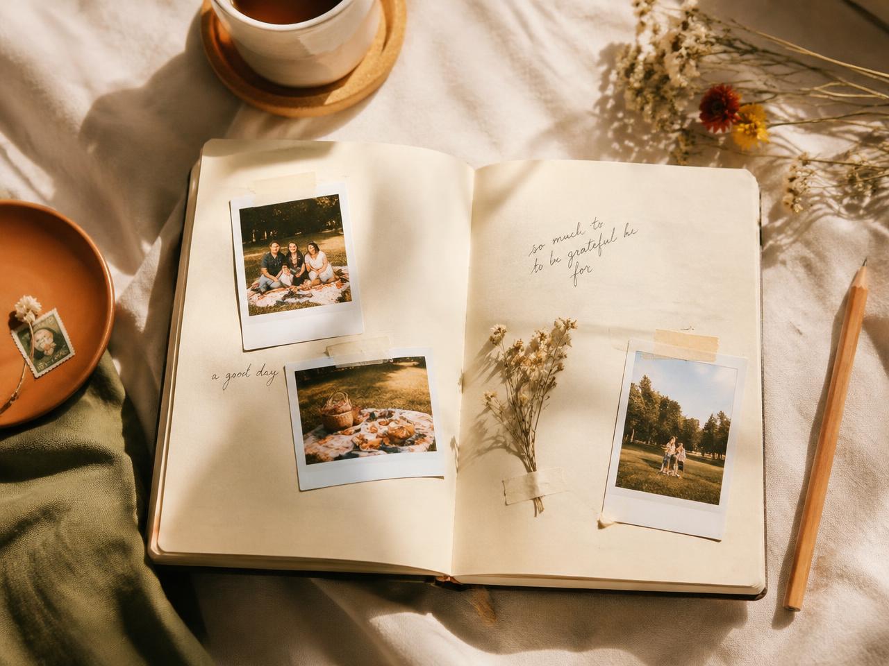 Open journal with polaroid family photos and dried flowers